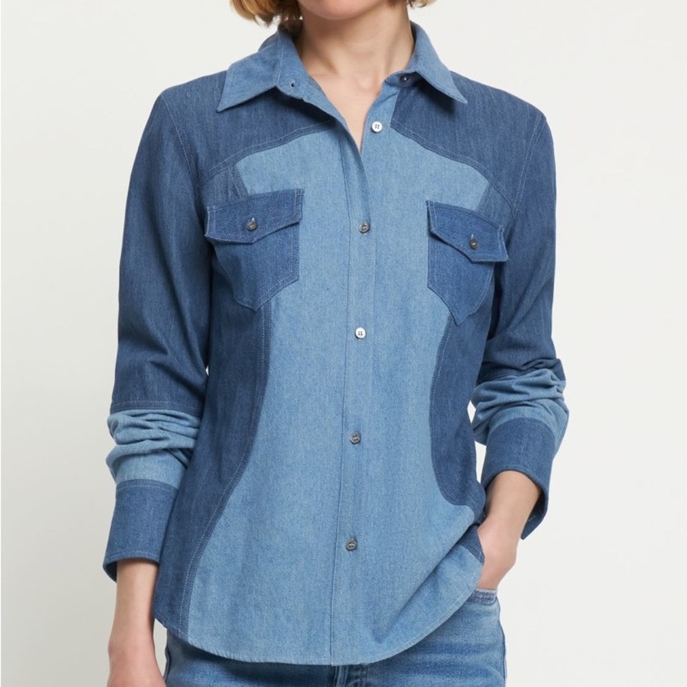 Gabriela Hearst Shirt Elly Patchwork Organic Denim Button Up Western Cowboy Top‎